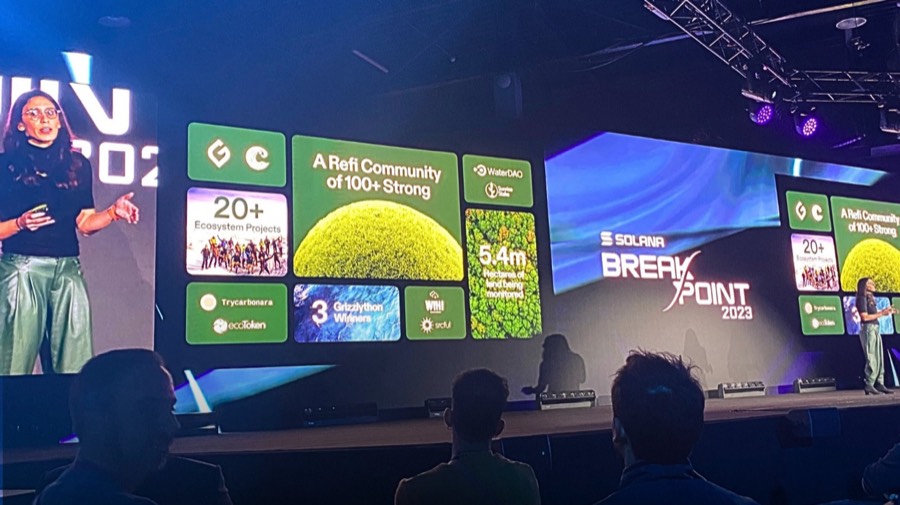 Amira Villani presenting Solana ReFi on the main stage at Solana Breakpoint 2023